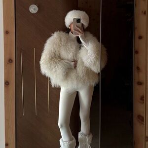 Women's Cream Mongolian real Fur Jacket
